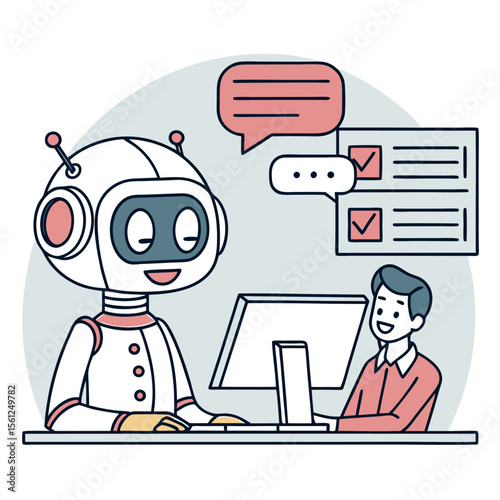 Illustration of a robot and a person working together at a computer with speech bubbles and checkmarks