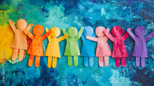 Rainbow colored paper human figures holding their hands on kindergarten or school background. Diversity and inclusion concept