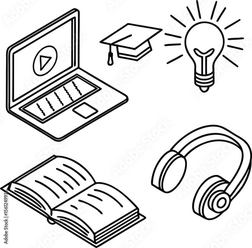 "E-learning and Online Education Icon Set – Laptop, Book, Headphones, Lightbulb, Graduation Hat"