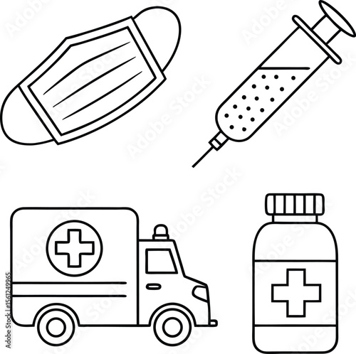 "Medical Emergency Icon Set – Face Mask, Syringe, Ambulance, Medicine Bottle"

