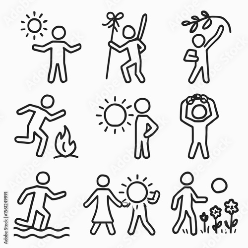Summer Solstice Activities Icons Set: Outdoor Fun & Seasonal Celebrations