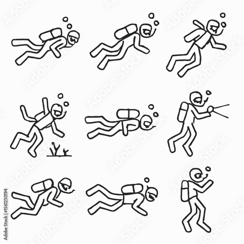 Scuba Diver in Action Icons Set: Underwater Exploration & Diving Activities