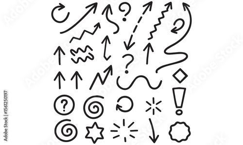 Collection hand drawn arrows. Set simple arrows isolated on white background. Arrow mark icons