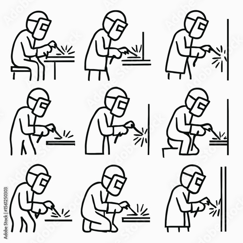 Welder in Action Icons Set: Metalwork, Fabrication & Industrial Craft