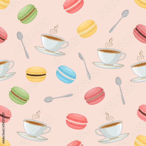 A seamless and elegant pattern features colorful macarons, steaming cups of coffee, and teaspoons scattered across a light pink background. Vector Patterns