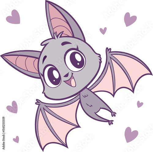 “Cute Cartoon Bat with Big Eyes Flying Surrounded by Purple Heart Symbols”