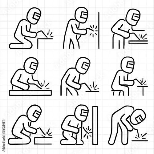 Welder in Action Icons Set: Metalwork, Fabrication & Industrial Craft
