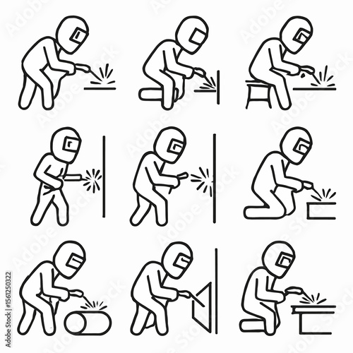 Welder in Action Icons Set: Metalwork, Fabrication & Industrial Craft