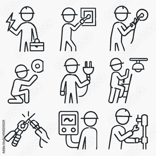 Electrician in Action Icons Set: Electrical Work, Installation & Repair