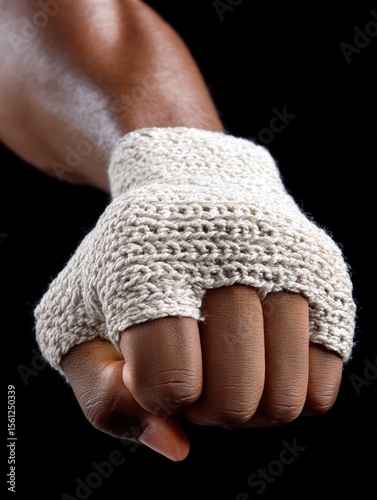 Closeup of a boxerâ€™s fingerless glove, isolated on a black background, gritty ad aesthetic