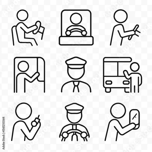 Bus Driver in Action Icons Set: Public Transport & Professional Driving