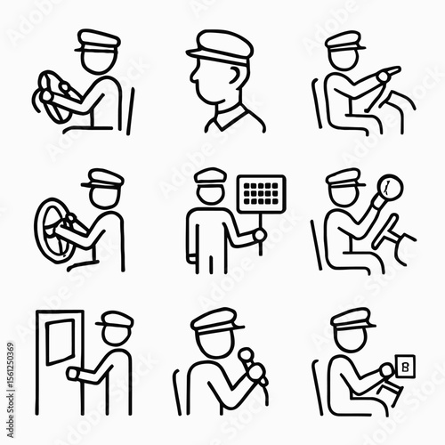 Bus Driver in Action Icons Set: Public Transport & Professional Driving