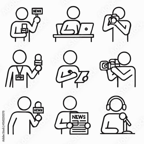Journalist in Action Icons Set: Reporting, Interviewing & News Gathering
