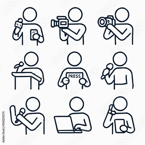 Journalist in Action Icons Set: Reporting, Interviewing & News Gathering