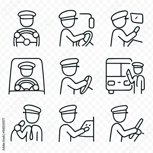 Bus Driver in Action Icons Set: Public Transport & Professional Driving