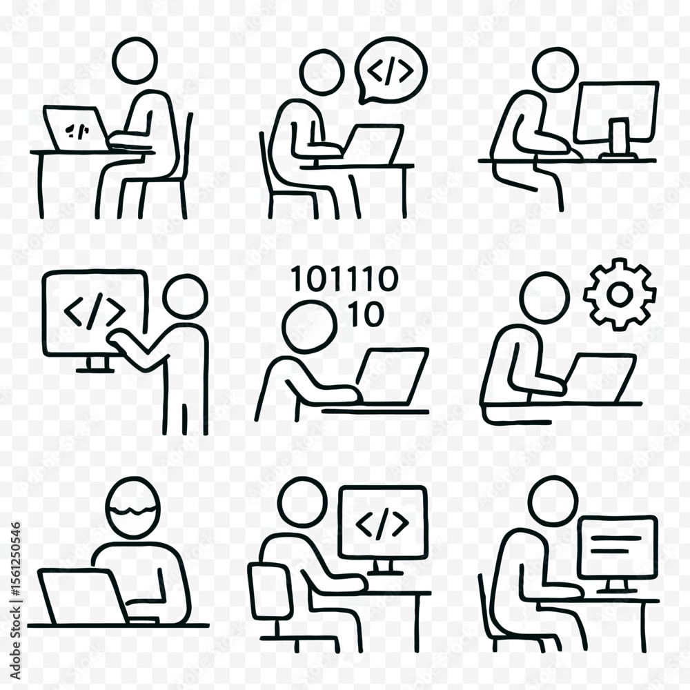 Software Developer Activities - Line Art Vector Icons Software Developer Activities - Line Art Vector Icons