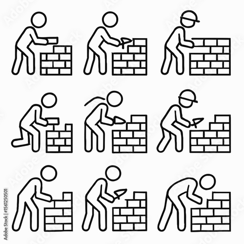 Construction Worker Activities - Bricklaying Line Art Vector Icons