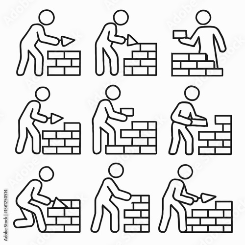 Construction Worker Activities - Bricklaying Line Art Vector Icons