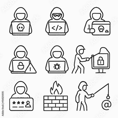 Hacker Activities - Cybersecurity Line Art Vector Icons