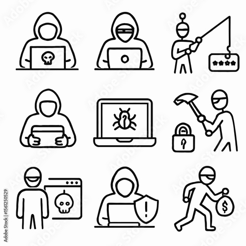 Hacker Activities - Cybersecurity Line Art Vector Icons