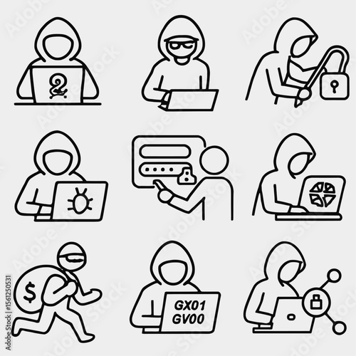 Hacker Activities - Cybersecurity Line Art Vector Icons
