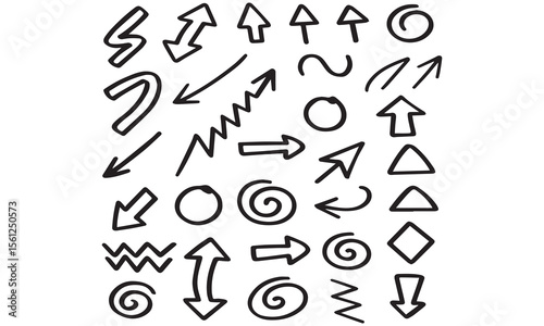 Collection hand drawn arrows. Set simple arrows isolated on white background. Arrow mark icons