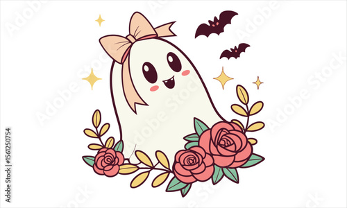 Cute kawaii Halloween ghost character with a pink bow, surrounded by a floral wreath of roses and bats