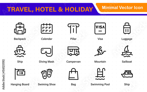 Travel outline icons set. Travel, hotel, holiday, tourism, beach, plane, map, agent and insurance. Booking, reservation, room, airport, accommodation.