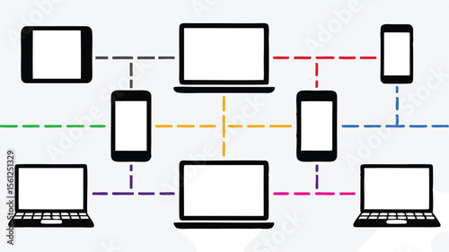Network diagram showing interconnected laptops tablets and smartphones with colored dashed lines