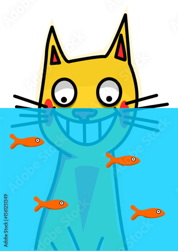 illustration of a cat behind a fish tank