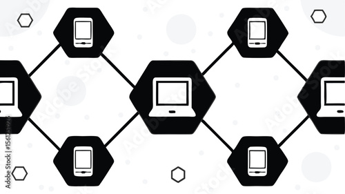 Network diagram showing interconnected devices with hexagons and connecting lines in monochrome