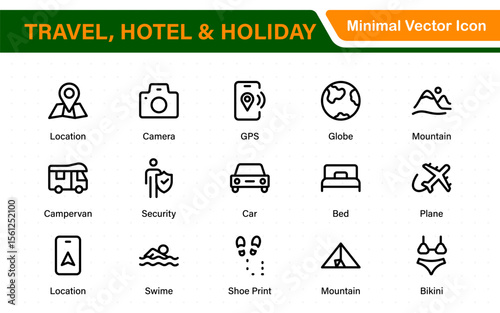 Travel outline icons set. Travel, hotel, holiday, tourism, beach, plane, map, agent and insurance. Booking, reservation, room, airport, accommodation.