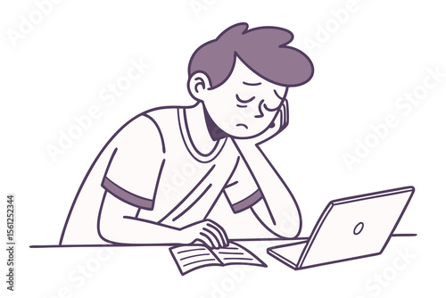 Drowsiness and Fatigue at Work: A person sits at a table with a laptop and a book, overwhelmed by exhaustion, symbolizing workplace fatigue and overwork. 