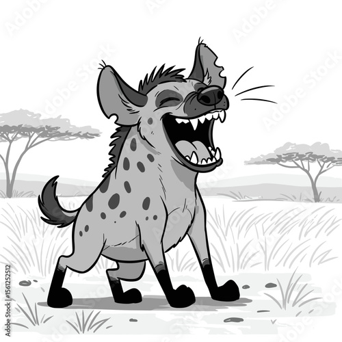 A cartoon hyena stands playfully on a grassy savanna with an open mouth, spotted body, bushy tail, and acacia trees in the background.