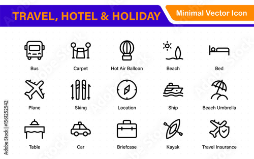 Travel outline icons set. Travel, hotel, holiday, tourism, beach, plane, map, agent and insurance. Booking, reservation, room, airport, accommodation.