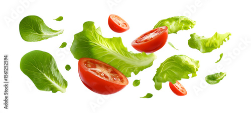 Salad ingredients levitating in the air, Salad leaves and tomato slices floating isolated on a transparent background
