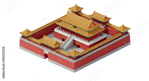 Miniature Forbidden City: Isometric View of Historical Chinese Architecture with Ornate Yellow Tile Roofs and Red Walls, a Symbol of Imperial Power