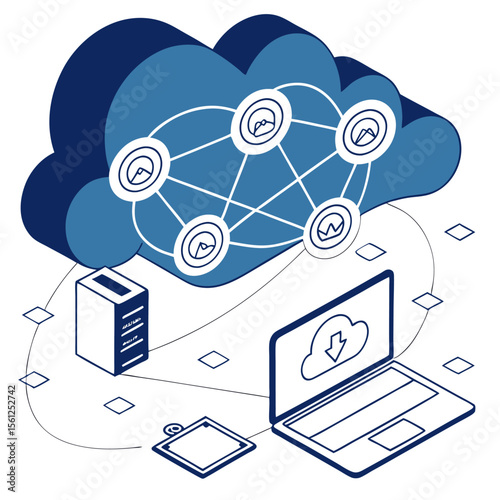 Isometric cloud computing network with server, laptop and tablet connected to cloud storage system