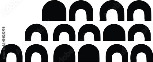 Vector art of a collection of black semicircle arches isolated on white background.