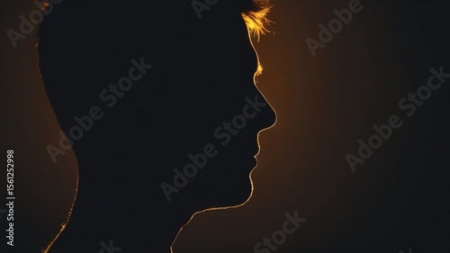 Silhouette of person facing right with head turned left against dark background, low angle view in warm gradient.