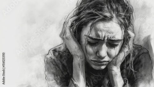 Monochrome sketch of a distressed young woman with disheveled hair and tears, set in a melancholic atmosphere on white.