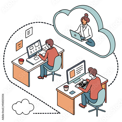 Illustration of a cloud computing setup with servers and people working on computers in an office space