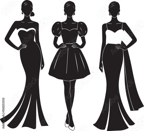 Fashion dress vector silhouettes of women in stylish gowns for beauty pageant model or boutique design