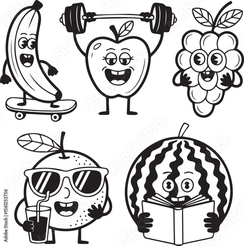 Cartoon fruit and vegetable characters with fitness and cool sunglasses theme in funny healthy food style