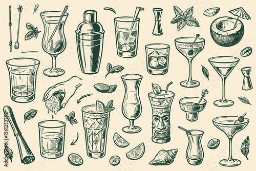Vintage cocktail illustration collection assorted alcoholic drinks and barware tools seamless