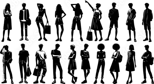 Vector silhouettes men and women, illustrations isolated on white background. Silhouettes of young people posing in fashionable clothes. EPS 10 version.
