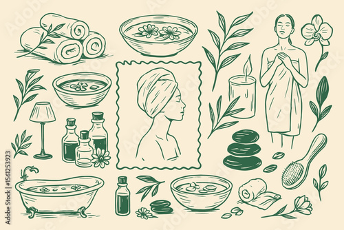 Wellness Retreat Illustrated Spa Elements Serene Beauty Rituals and Holistic Healing Composition