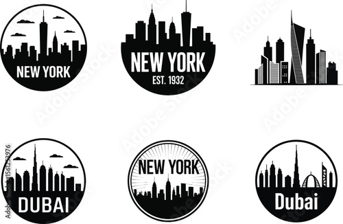 New York and Dubai City Skyline Vector Logos in Silhouette Style