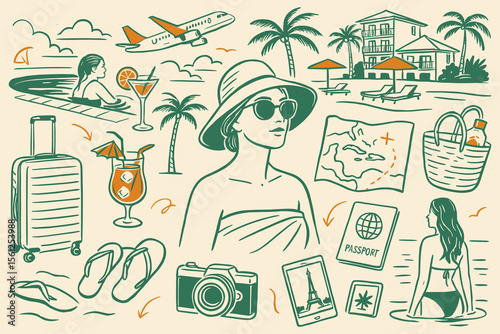 Vibrant Travel Elements Hand Drawn Tropical Destination Illustration Collage Vacation Theme Summer