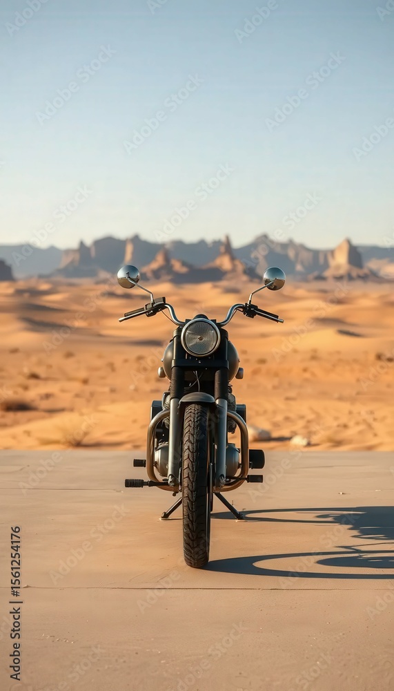 Fototapeta premium Classic motorcycle mockup placed in a dramatic desert setting, featuring sandy terrain and warm tones. Perfect for adventure themes and rugged lifestyle branding.